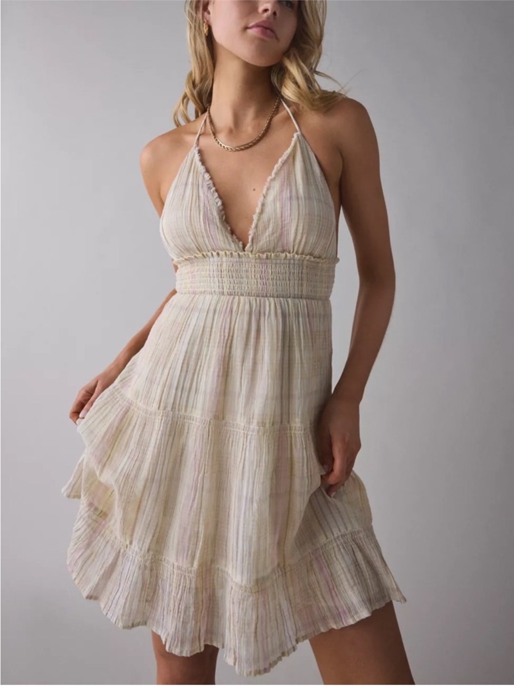 Urban Outfitters Kimchi Blue Phoebe Midi Dress - Cream Plaid Tiered Cotton Dress